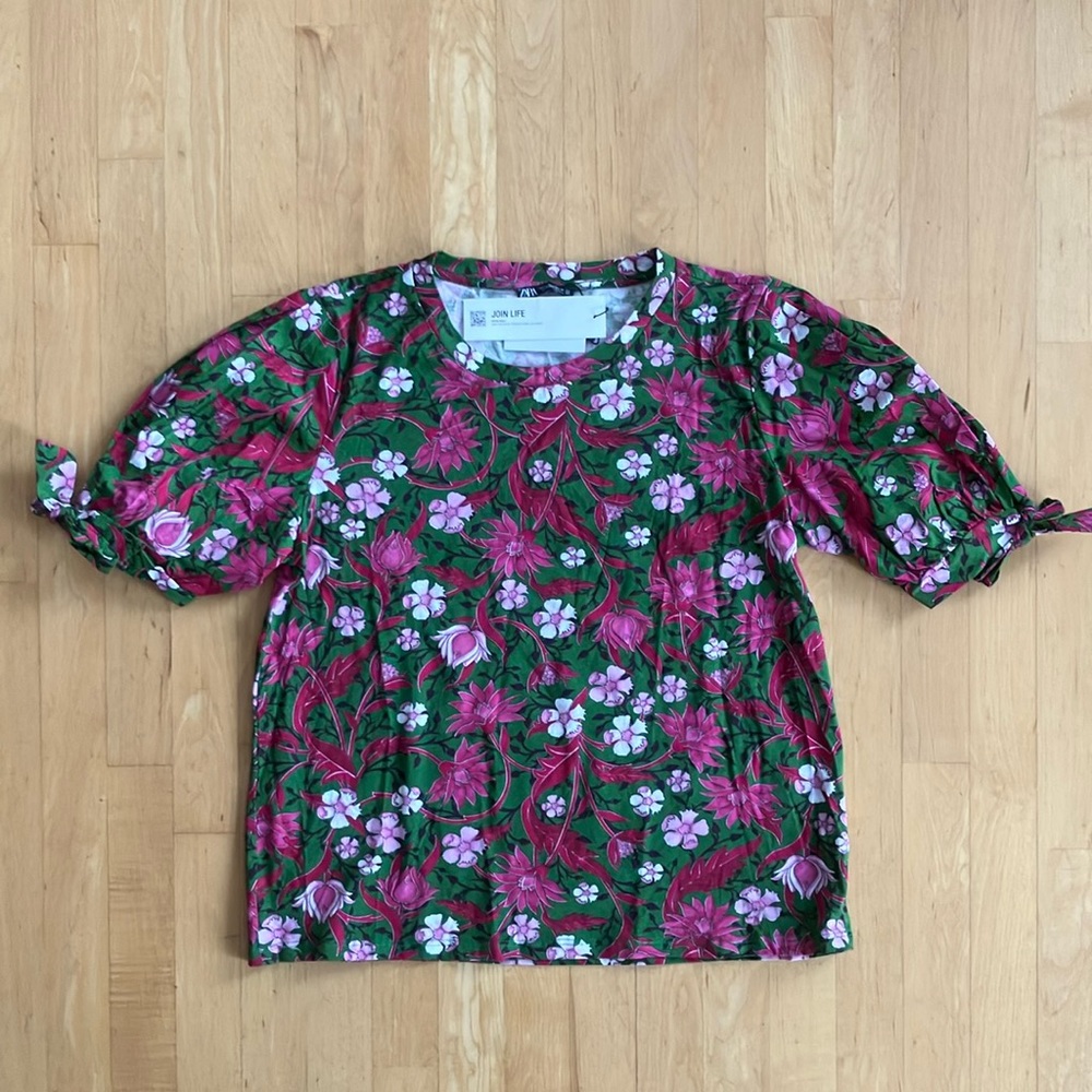 NEW Zara floral lotus flower cotton top Large